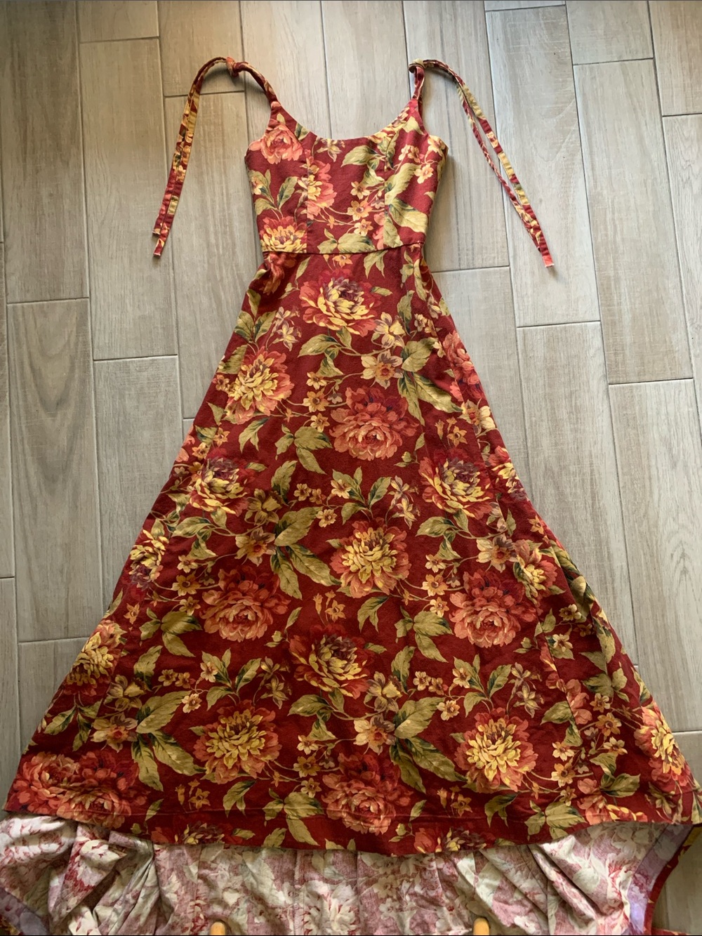 Floral Tie-Strap Maxi Dress in Rust Red - Women’s XS